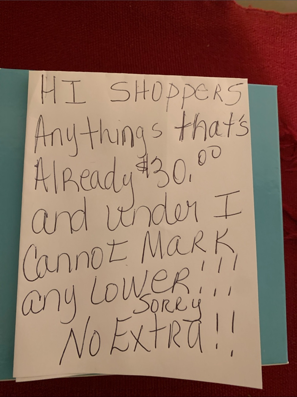 Handwritten Note on Teal Folder - White Paper